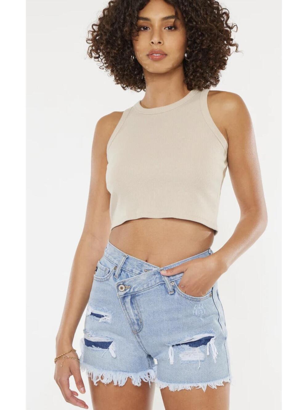 KanCan Cross Over Medium Wash Denim Shorts - Women's XL NWT